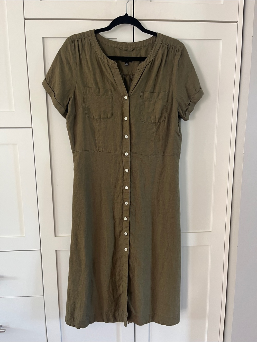 Talbots 100% Linen Size 12P Olive Button-Front Maxi Dress